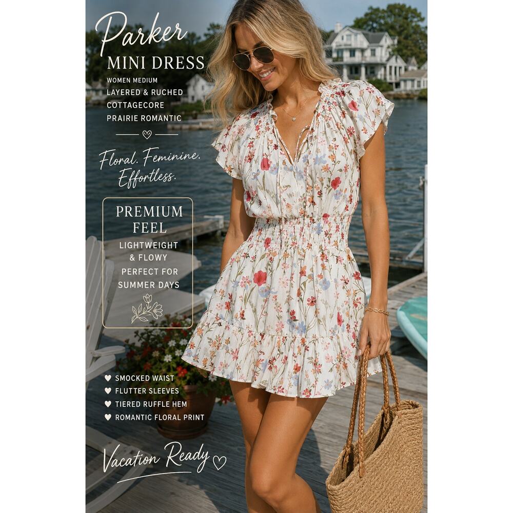 Parker Floral Mini Dress M Ruched Cottagecore Prairie Boho Romantic
